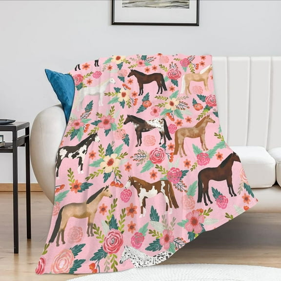 Horse Blanket Gift for Girls Women Western Horse Flower Animal Fleece Flannel Throw Blanket Soft and Lightweight Horse Plush Blanket for Adults Bed Sofa Decoration 60"x50"