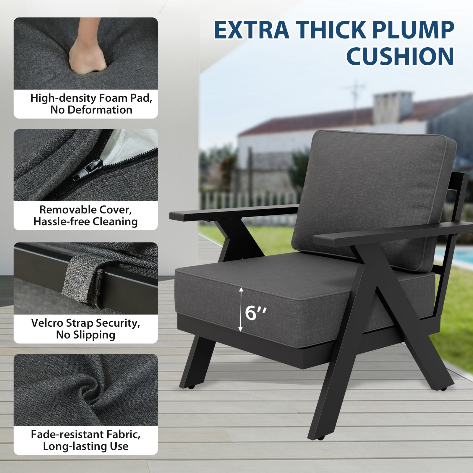 COOS BAY Iron Luxe 2 PCS Modern Outdoor Aluminum Patio Chairs, Black/Gray