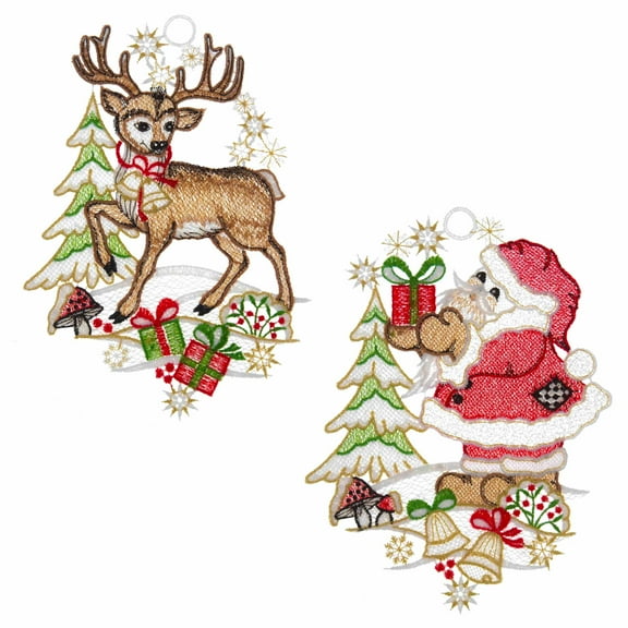 Window picture set of 2 Santa Claus and deer by W. Reuter & Sohn - Plauener Spitze® - Made in Germany