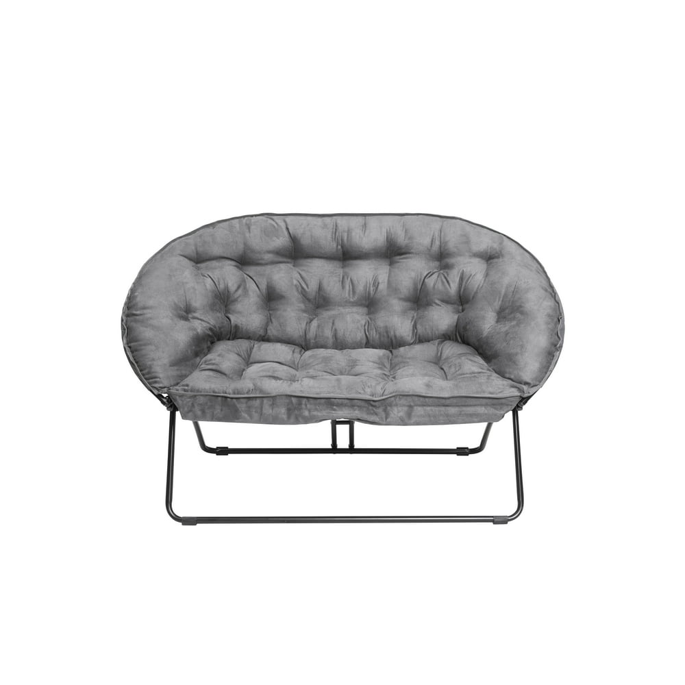 Zenithen Double Dish Chair with High Gloss Black Frame in Baffled Gray Micro-fiber Fabric 
