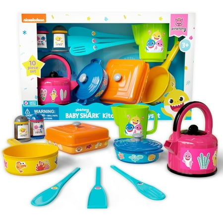 Lollipop Baby Shark Cooking Adventure Set: Play Kitchen with Pots, Pans, Utensils, Measuring Cup, Tea Kettle, Salt, and Pepper Shaker - Great Kids Kitchen Playset