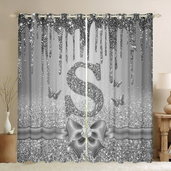 Manfei Letter Monogrammed Initial S Girl Black Out Curtains,Kawaii Bow Butterfly Curtains Pack of 2 (42x63 Each),Bling Crystal Grey Glitter Bedroom Curtains,Lightweight Room Decor