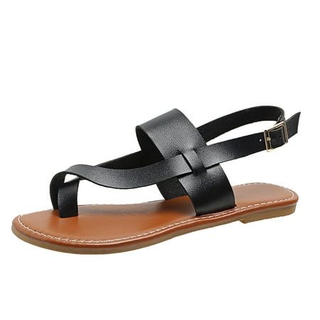 

ZHAGHMIN Roman Sandals Women Summer Soft Sole Flat Bottom Beach Shoes Slip On Buckle Clip Toe Flip Flops Sandals Preppy Style Black Size7.5