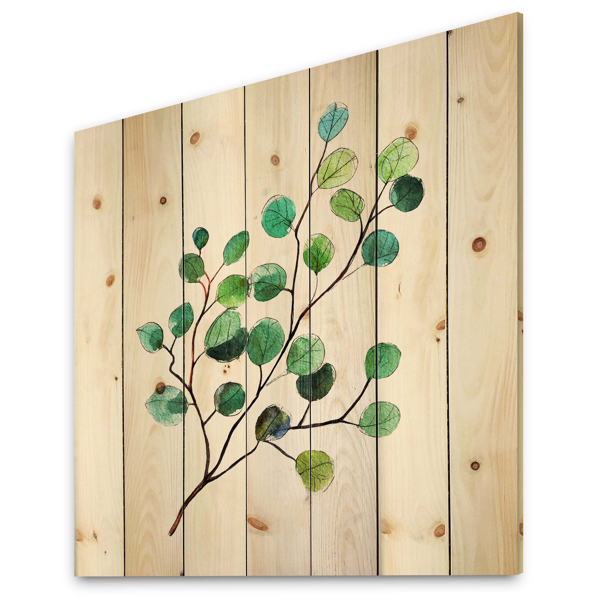 Designart 'Young Eucalyptus Branches and Leaves IV' Traditional Print on Natural Pine Wood