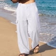 thumbnail image 6 of Men's Cotton Linen Beach Pants Relaxed Fit Hiking Pants Button Lightweight Stretch Cargo Work Pants with Multi Pocket, 6 of 9