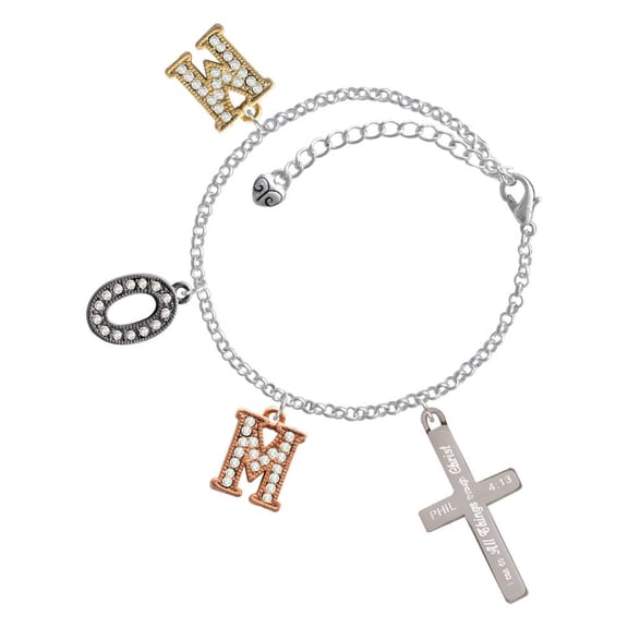 Delight Jewelry Stainless Steel Philippians 4:13 - I Can Do All Things Engraved Cross - Multi-Colored Crystal Mom Charm Bracelet