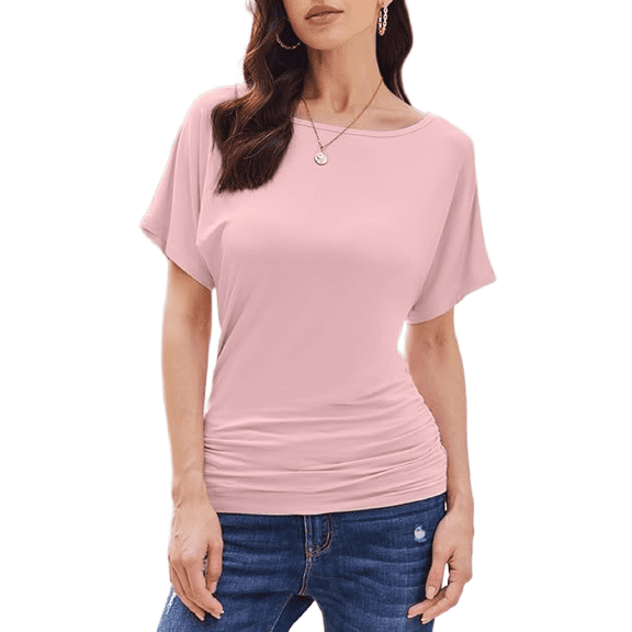 Weardear Womens Ruched Tops Dolman Short Sleeve Shirts Casual T Shirts Boat Neck Summer Off Shoulder Batwing Tops