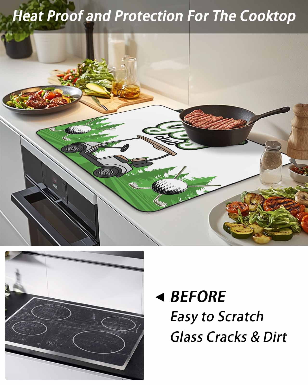 Stove Top Covers for Electric Stove, Golf Glass Stovetop Cover Protector, Green Forest Tree Balls Clubs Sports Cartoon Induction Cooktop Protector Oven Mat for Kitchen Countertop 24"x21"
