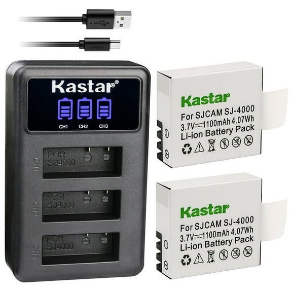 Kastar 2 Pack SJ4000 Battery and LCD Triple USB Charger Compatible with Eken PG1050, SJ4000B, Qumox BAT-412 Battery, Pruveeo DV200 Waterproof Sports Action Camera with WiFi, 4K Video Camcorder