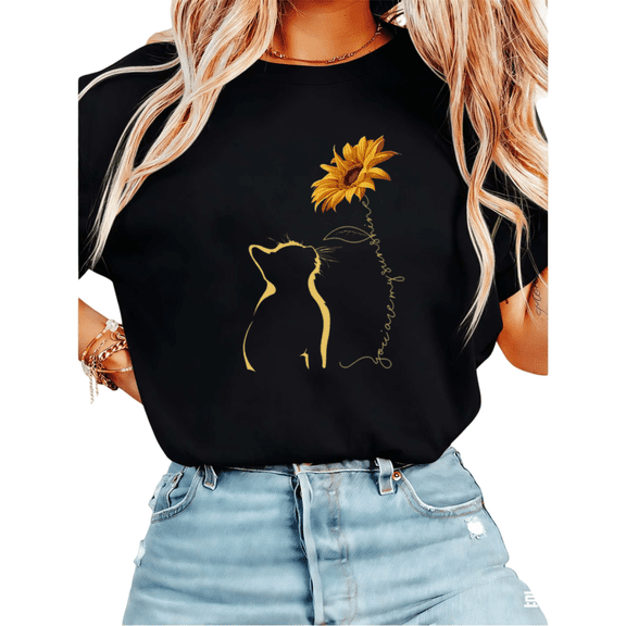 UNISHE Women's "You Are My Sunshine" Cat and Sunflower Graphic Short Sleeve T-Shirt Casual Cotton Crewneck Top