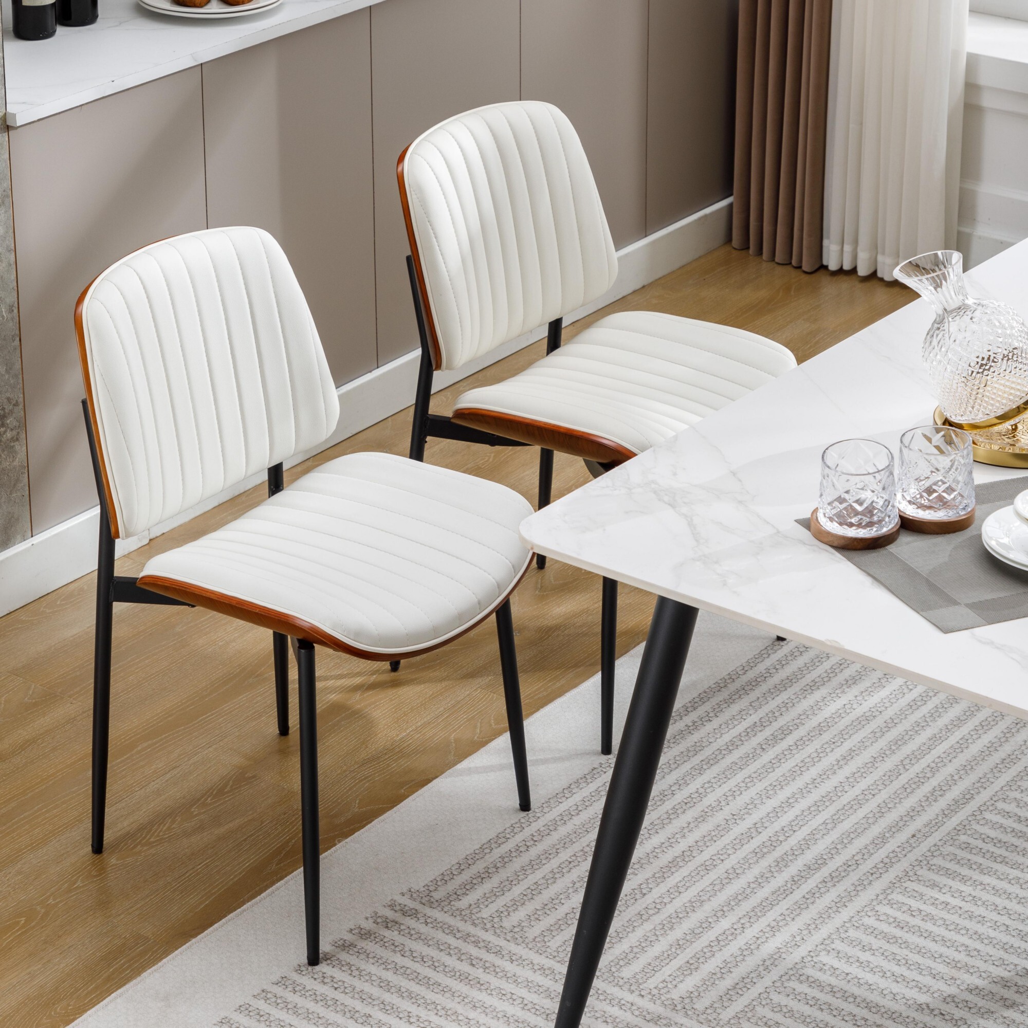AENKYO Modern Dining Chairs Set of 2, Faux Leather Upholstered Side Chairs for Kitchen & Dining Room, White