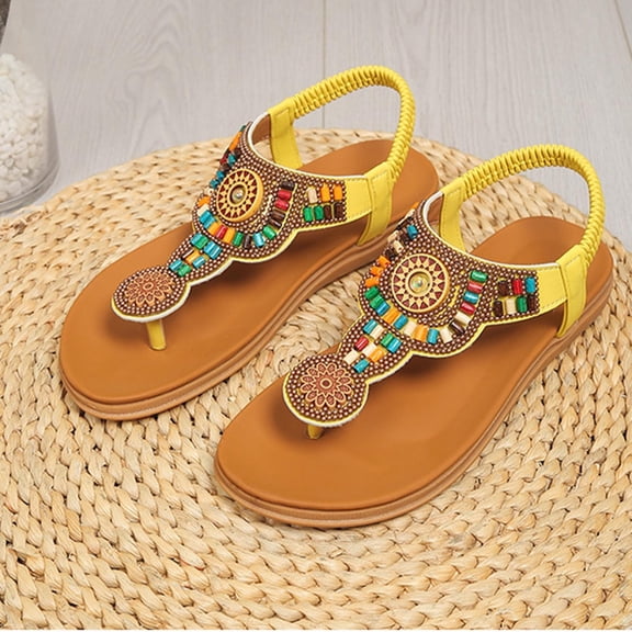 Xucatan Women's Beaded Bohemian Flat Sandals, Elastic Ankle Strap Ethnic Footwear, Casual Festival Beach Wear Gift