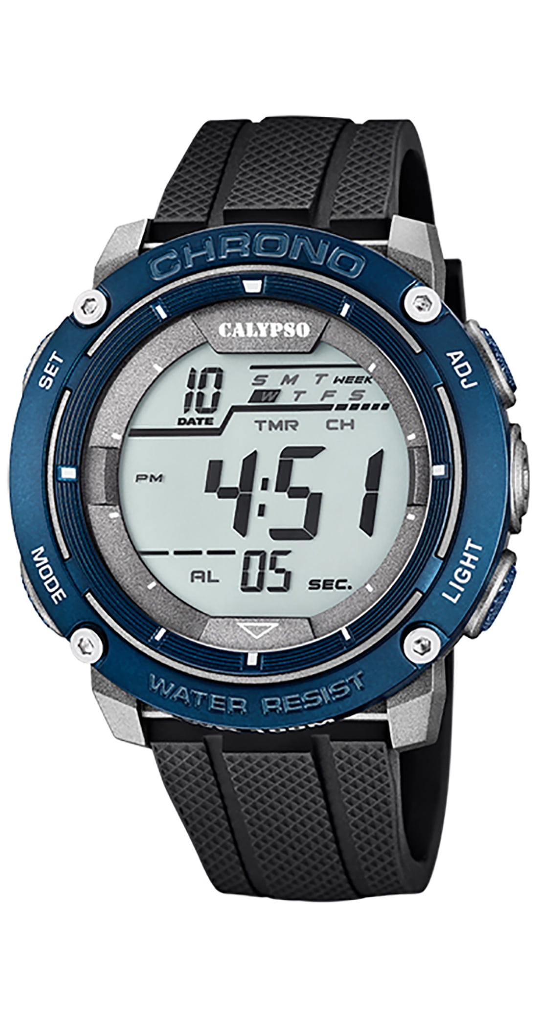 Calypso 50mm Mens Timer, Light, Time, Dual Date Chronograph / Day Digital Rubber Alarm, Strap, Sports Calendar Watch