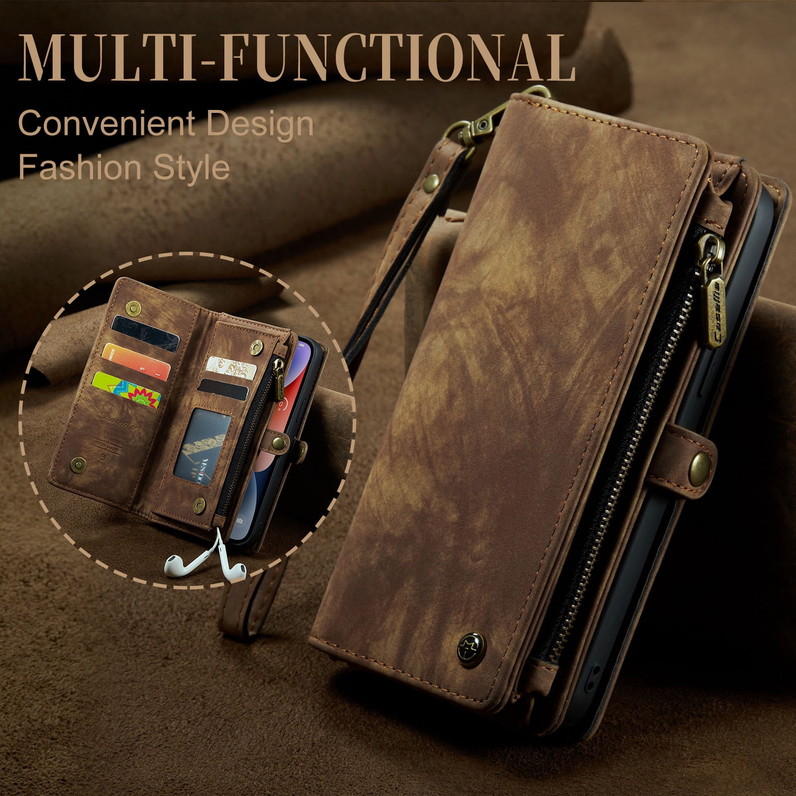 For Apple iPhone 15 Plus Wallet Case,Multi-Functional Retro Leather Purse Flip Cover Zipper Wallet Case with Removable Card Slots Pocket & Detachable Wrist Strap Magnetic Phone Case, Darkbrown
