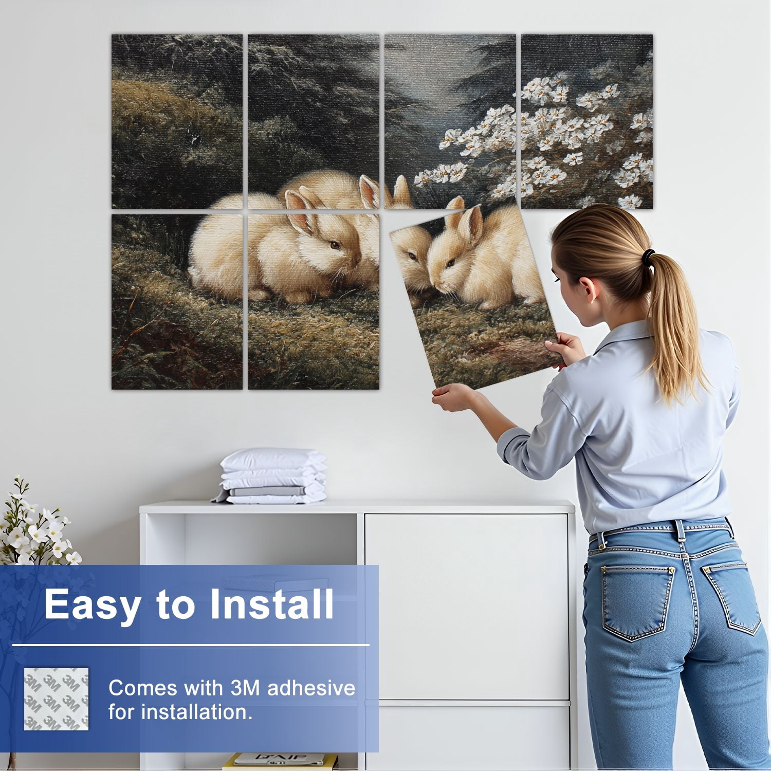 8 Pack Art Acoustic Panels Vintage Gold Bunny Easter Rabbits Forest Oil Painting Retro Farmhouse Self Adhesive Sound Absorbing Panels for Home Office Studio Media Room 48"x32"