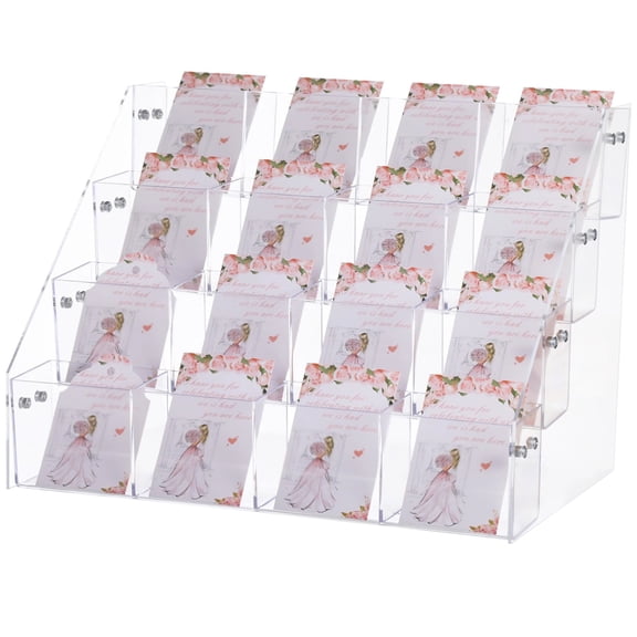 4-Tier Clear Acrylic Greeting Card Holder,Large Capacity Multi-Pocket Sticker & Photo Display Rack,Desktop Step Organizer for Trade Shows,Pop-Up Markets & Home Use,Hardware Included