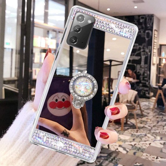 for Galaxy Note 20 5G Makeup Mirror Case Diamond Glitter Rhinestone with Ring Stand Kickstand Cute for Girls Women Protector Cover Bling Crystal Ring Holder Finger Grip Case for Galaxy Note 20 5G