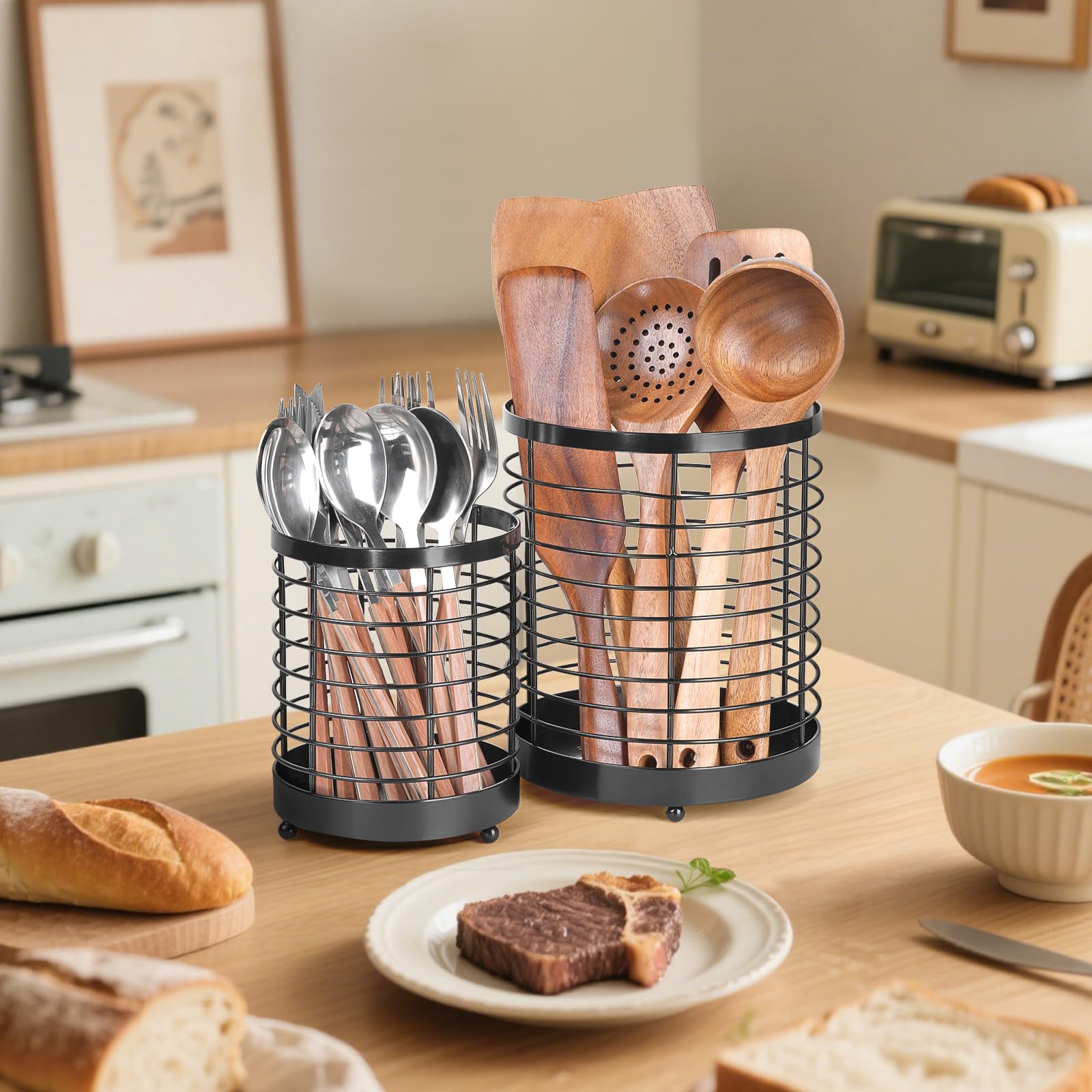 IWNTWY Utensil Holder, 2 Pack 7.7" + 6" Stainless Steel Large Cooking Utensil Crocks Organizer for Countertop