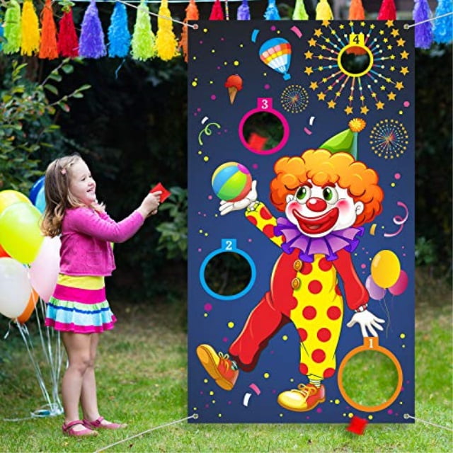 Collapsible Outdoor Tossing Game for Family URATOT Carnival Clown Themes Bean Bag Toss Game Toy Kit Includes Double Sided Cornhole Board with 6 Colorful Bean Bags 