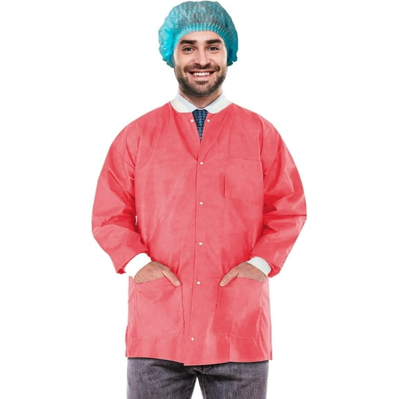 Disposable Lab Jacket, 29 Inches Long. Pack of 100 Coral Pink Disposable Hip-Length Workwear Small. SMS 50 gsm Disposable Shirts with Snaps Front, Knit Cuffs, 3 Pockets. Unisex PPE Coat