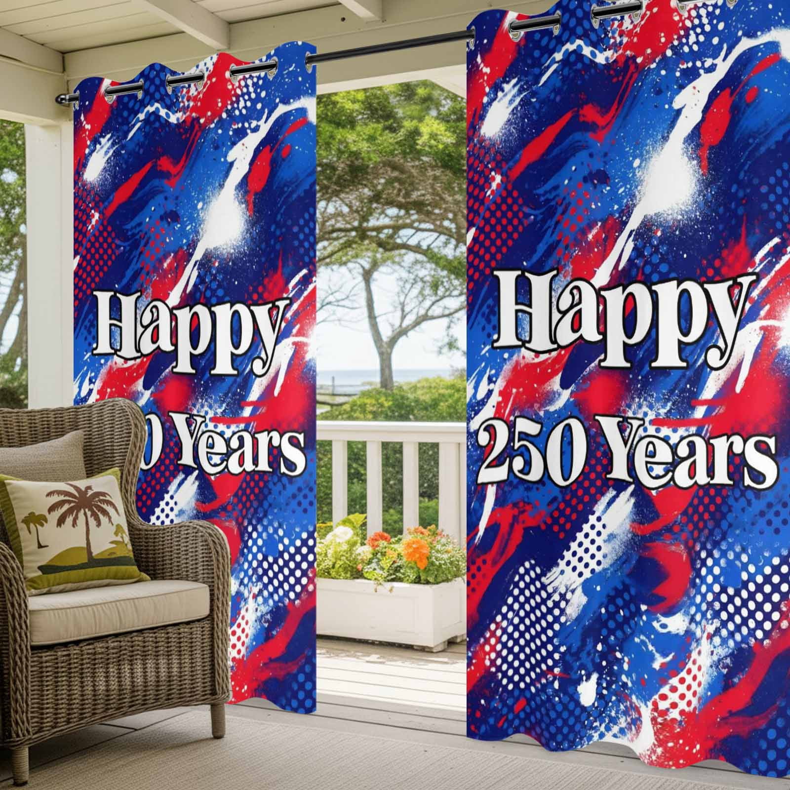 Happy 250 Years Outdoor Curtains for Patio, Independence Day Blue Red White Splash Polka Dots Sunshade Privacy Drapes Grommet Waterproof Outside Curtains for Porch/Cabana/Balcony 54"x 108", 1 Panel
