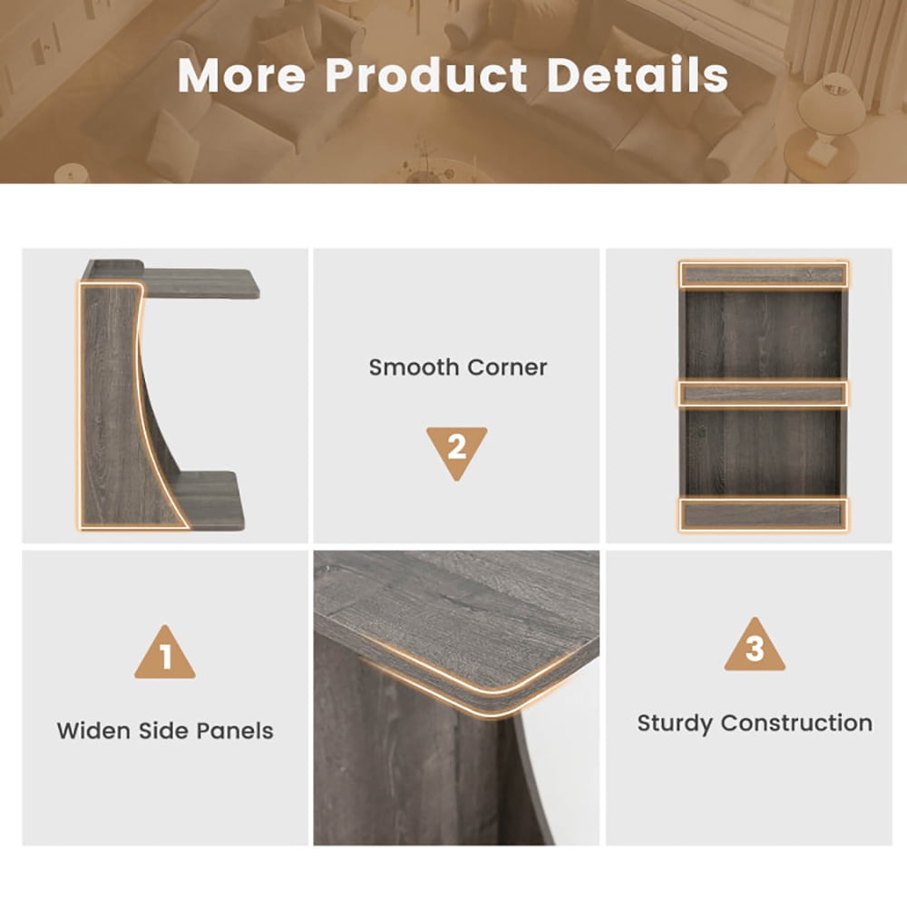 Finihen End Table, C-shaped Rolling End Side with Back Storage Shelves beside Sofa, Sofa Side Table, Bed Side Table, for Living Room, Bedroom, Gray Finihen End Table, C-shaped Rolling End Side with Back Storage Shelves beside Sofa, Sofa Side Table, Bed Side Table, for Living Room, Bedroom, Gray
