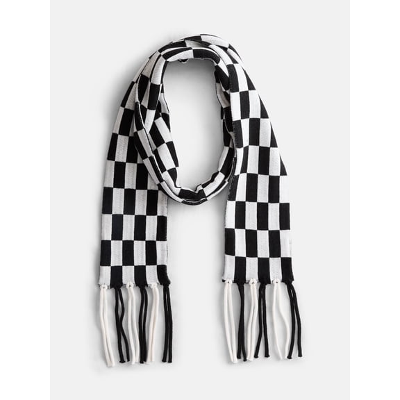 No Boundaries Women's Check Scarf with Fringe, Black Soot