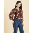 thumbnail image 2 of Moomaya Womens Printed V Neck Top, Balloon Sleeves Ruffled Chiffon Crop Top, 2 of 8