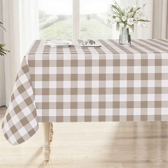 Rectangle Table Cloth, Waterproof Vinyl with Flannel Backing, Wipeable Buffalo Plaid Table Cover for Dining, Indoor and Outdoor (Khaki & White)