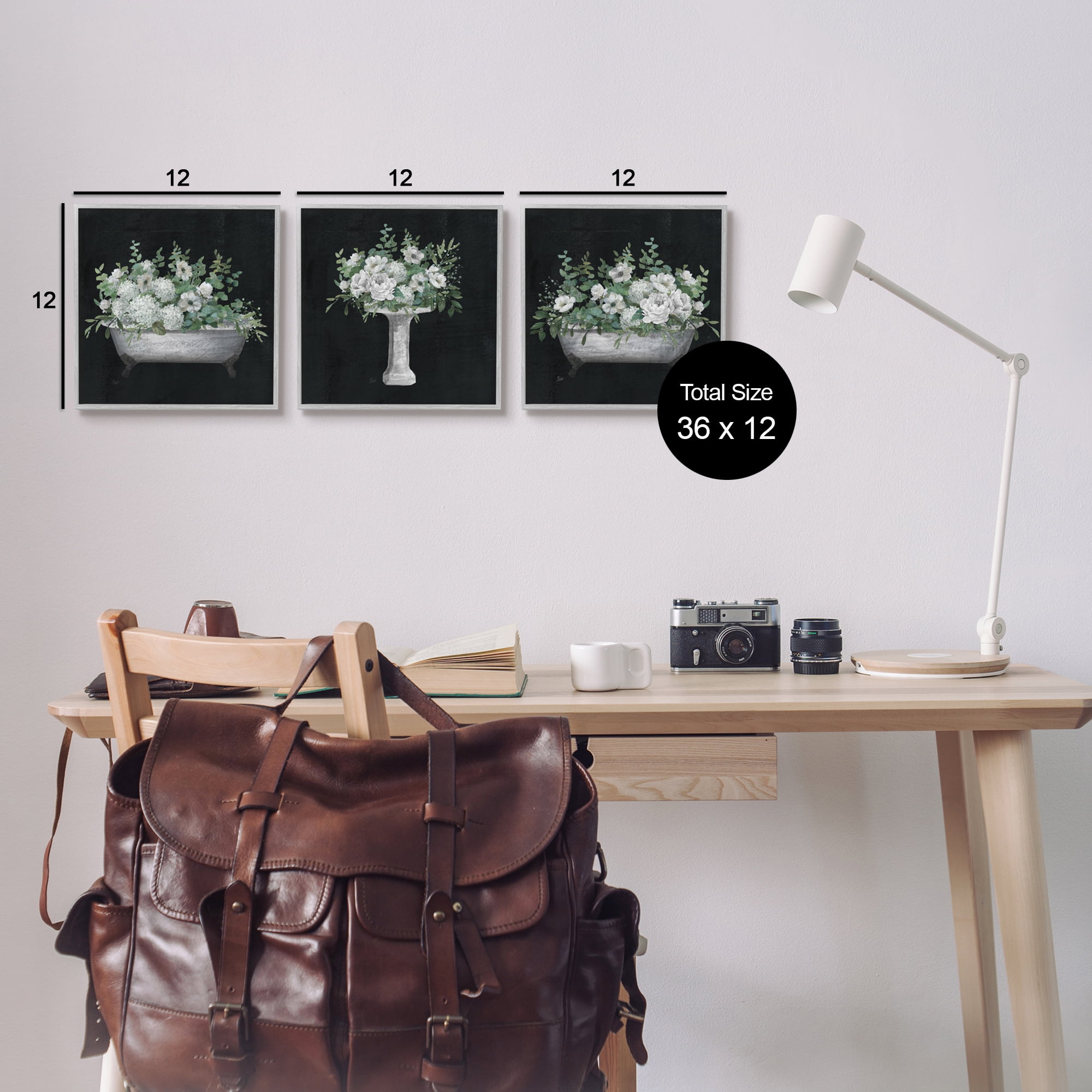 Stupell Industries Vintage Bathroom Hydrangeas Botanical & Floral Painting Gray Framed Art Print Wall Art, 12 x 12, Set of 3