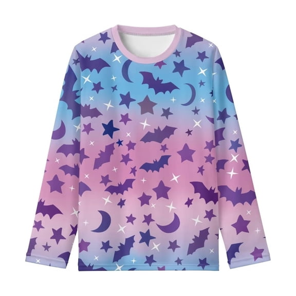 Kids Halloween Long Sleeve Shirt, Bat Star Moon Gradient Print Crew Neck Casual Pullover Tops for Boys Girls