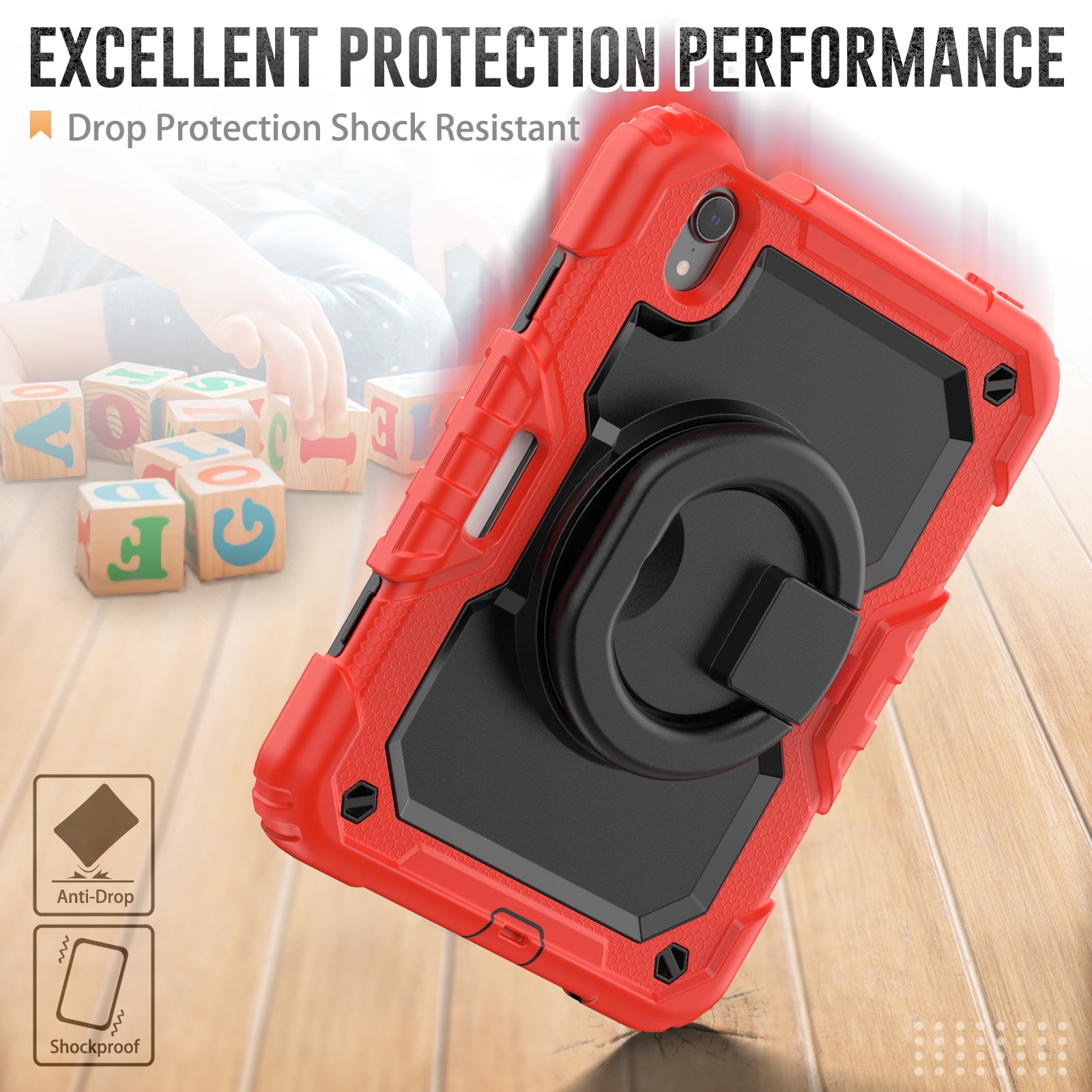 iPad Mini 6 Case 2021, Dteck 360 Rotating Heavy Duty Shockproof with Rugged Stand Pencil Holder for Kids Case for iPad Mini 6th Generation 8.3 Inch - Shoulder Strap, Screen Protector, Red
