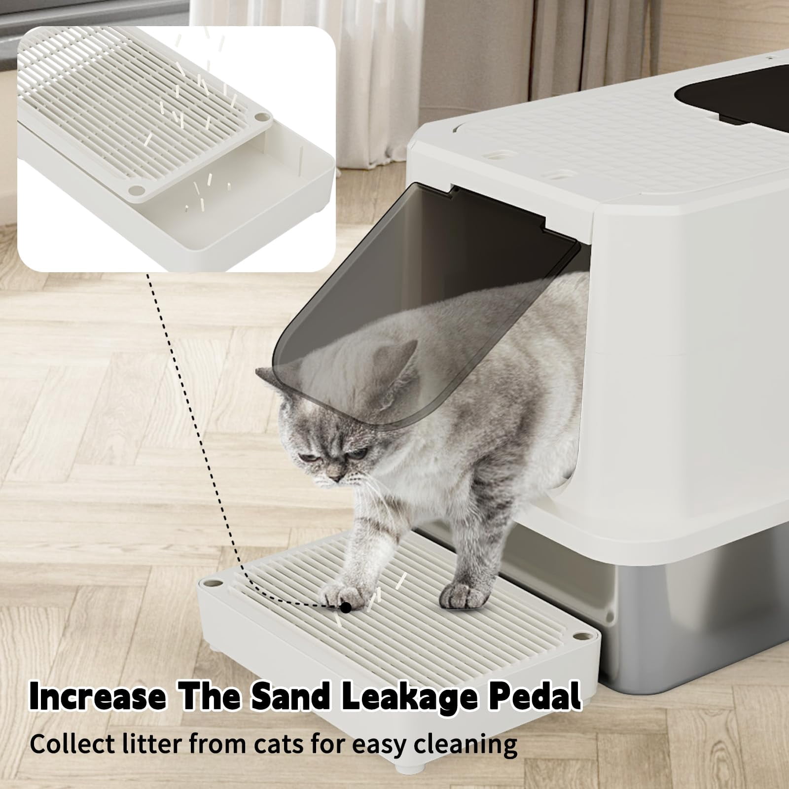 Stainless Steel Cat Box: Beige Leak-proof Large Enclosed Litter Pan Indoor Odorless Tray For Multiple Cats - Teflon Non-stick Coating Under 20 Lbs Ideal Laundry Room Balcony