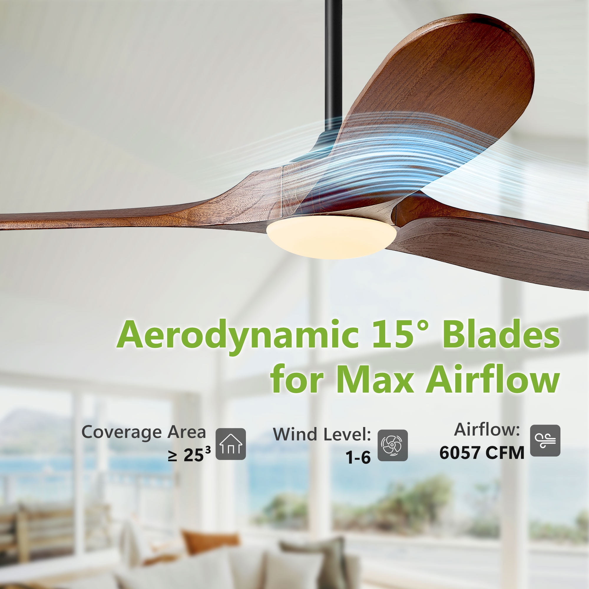 62" 3-Blade Modern Indoor/Outdoor Ceiling Fan with LED Light & Remote – 6-Speed High CFM Quiet DC Motor, Solid Walnut Wood Blades | Included Light Kit, Ideal for Patio, Coastal & Farmhouse