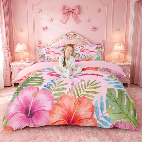 meiyoeat Watercolor Flamingo Tropical Pattern Bedding,Pink Floral Print Duvet Cover Full For Girl,Reversible,3-Piece,1 Duvet Cover and 2 Pillowcases