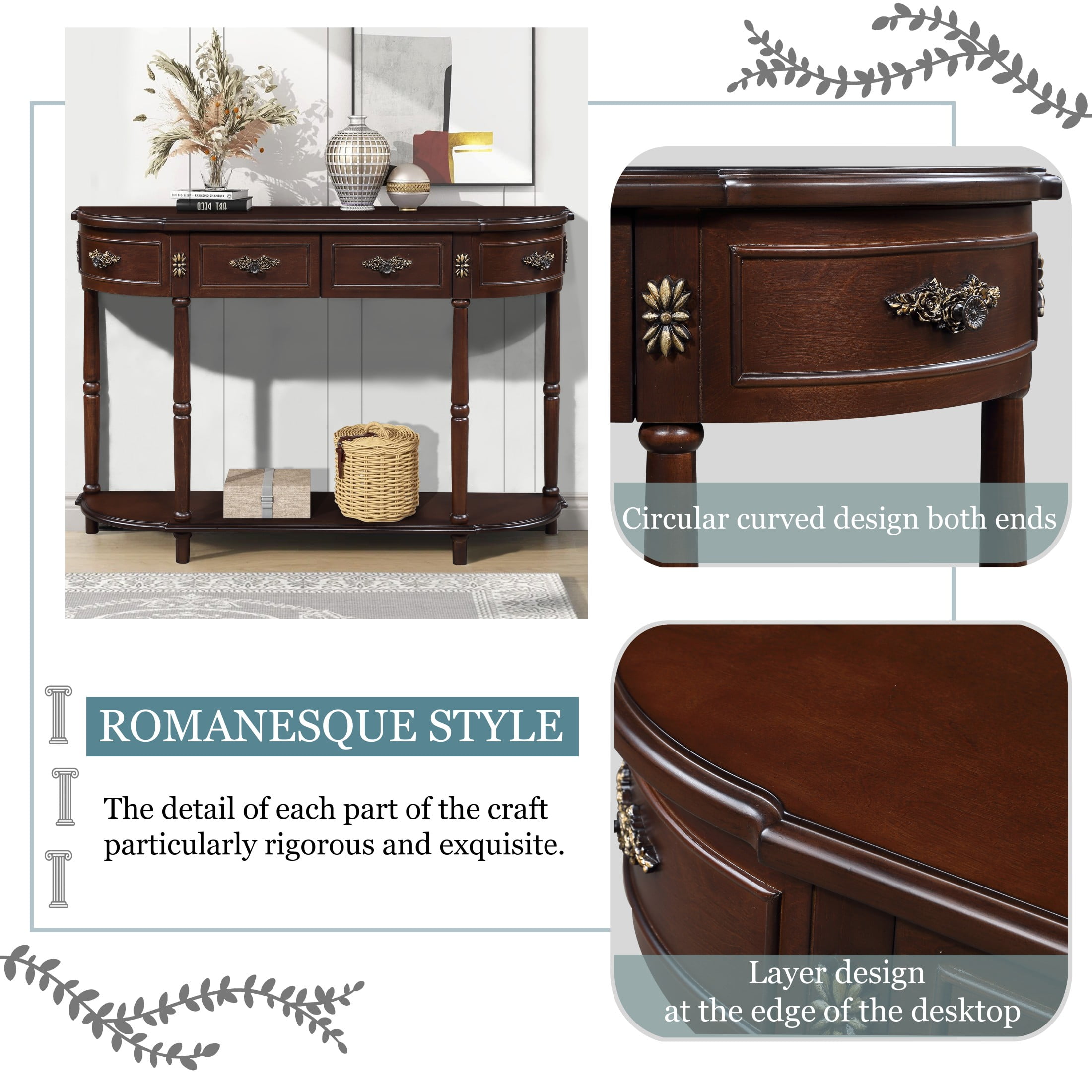 Aukfa Console Table, 52" Retro Half Moon Sofa Table with 2 Drawers and Shelf for Living Room/Hallway, Espresso