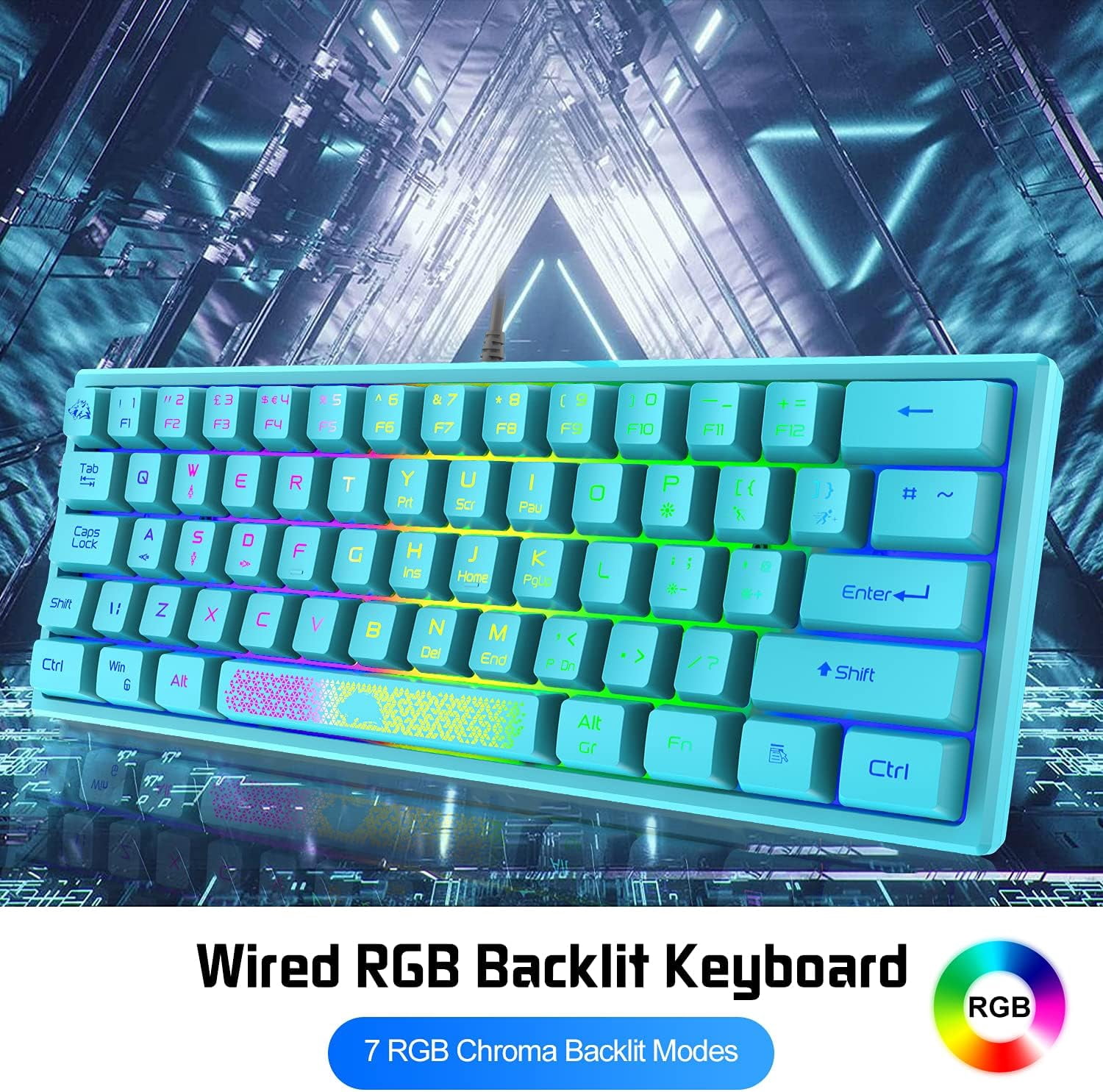 K61 UK Layout RGB 60% Gaming Keyboard Mouse Set Wired 62 Keys Mini Portable Keyboard 7 RGB LED Backlit 19 key Anti-ghosting + 6400 DPI Ultralight Gaming Mouse Honeycomb Shell +Mouse Pad -Blue