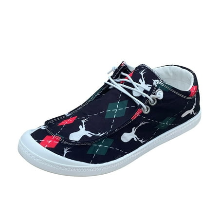 

GNEIKDEING Womens Shoes Breathable Cloth Shoes Christmas Print Lace Up Flat Casual Shoes Gift on Clearance
