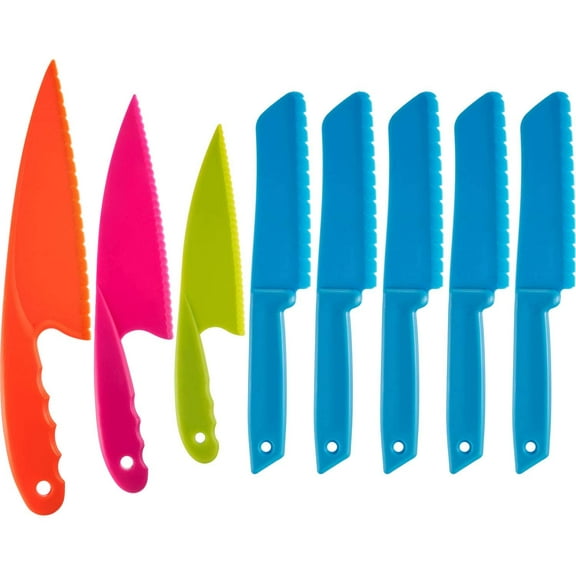 8 Pieces Kid Plastic Kitchen Knife Set, Children's Safe Cooking Chef Nylon Knives for Fruit, Bread, Cake, Salad, Lettuce Knife (Color 3)