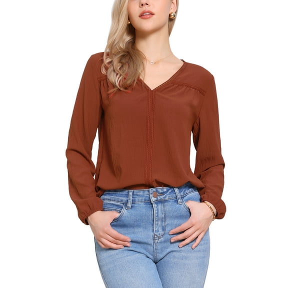 INSPIRE CHIC Long Sleeves Top for Women V Neck Hollow Lace Trim Blouse XS Orange Brown