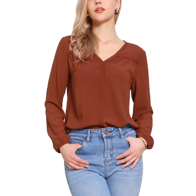 INSPIRAR CHIC Blusa de Manga Larga para Mujeres con Escote en V y Detalle de Encaje Hueco XL Naranja Marrón