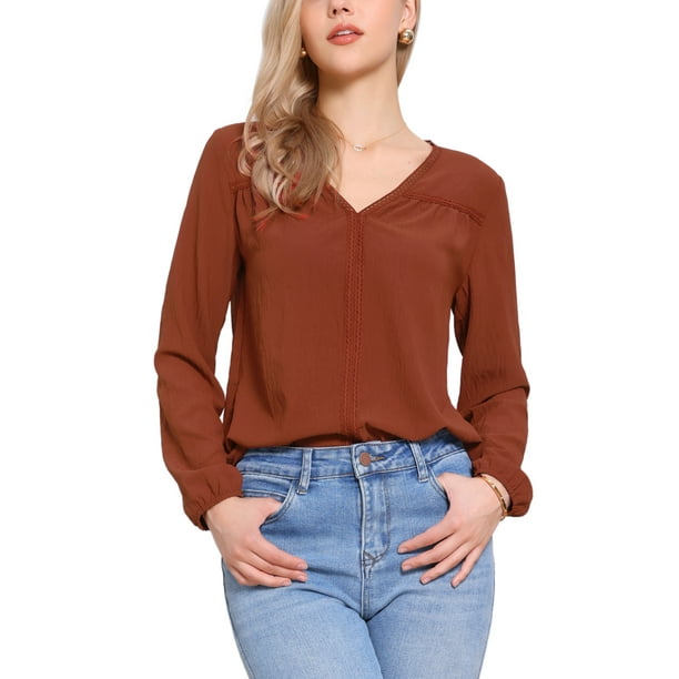 INSPIRAR CHIC Blusa de Manga Larga para Mujeres con Escote en V y Detalle de Encaje Hueco XL Naranja Marrón