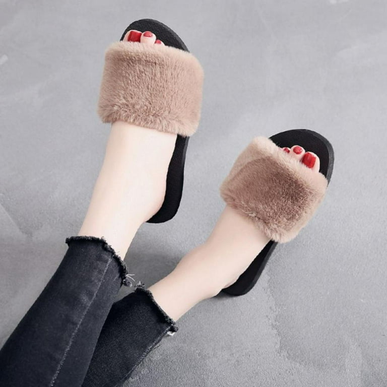  VAMPAR Fashion Khaki Designer Metal Crystal Letter M Decor  Women Slippers Furry Faux Fur Slide Fluffy Flip Flops Comfort Flat Cute  Open Toe Sandals Casual Shoes Indoor Outdoor