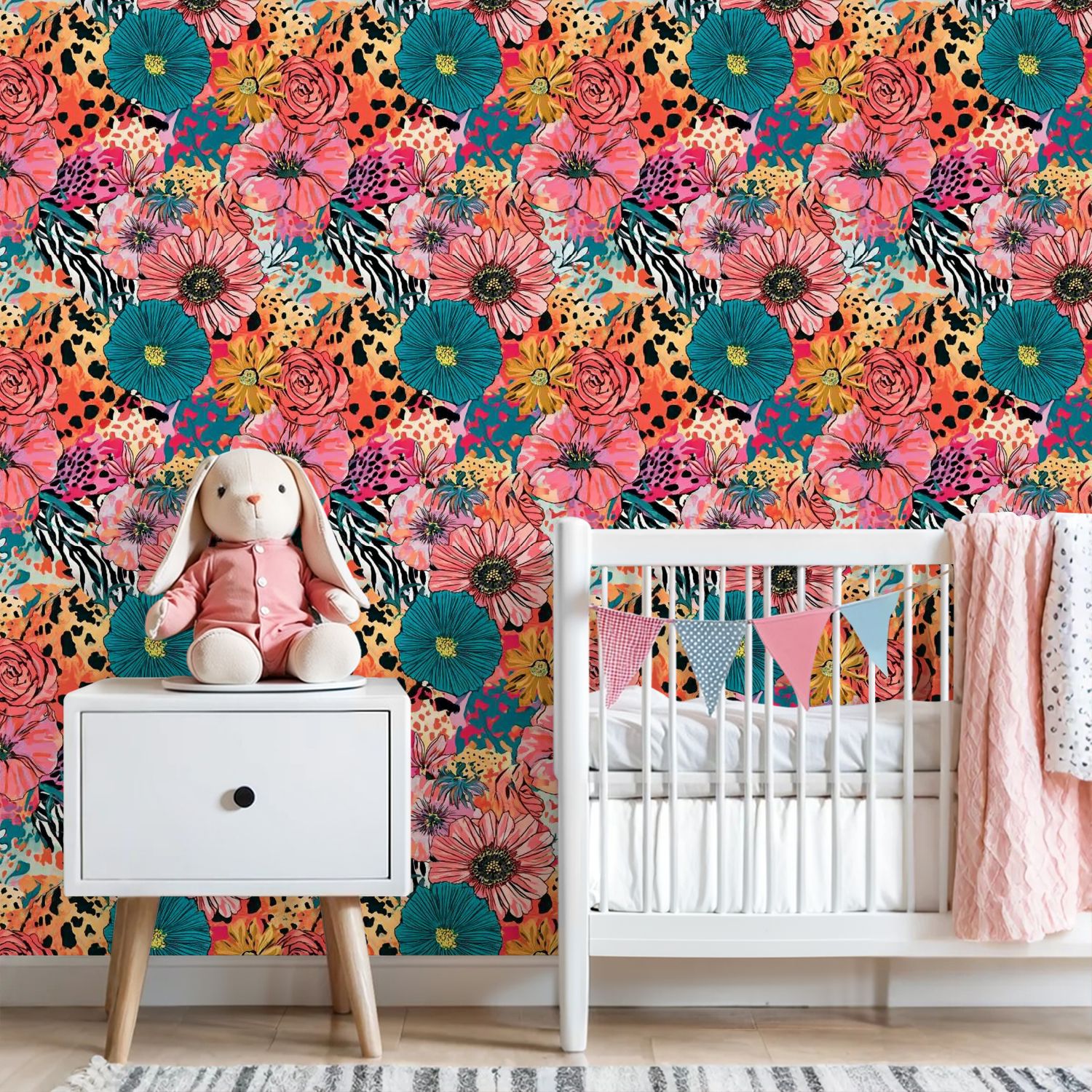 Peel and Stick Wallpaper 23.6in x 9.8ft Colorful Floral Animal Print Seamless Tropical Flowers Contact Paper Vinyl Self-Adhesive Removable Wall Paper for Bedroom Bathroom Renter Friendly