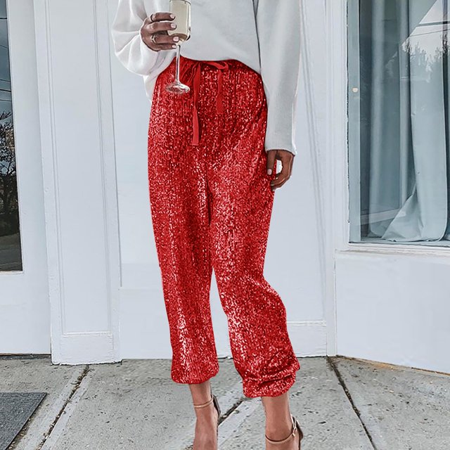 WILLBEST Pantalones Casuales de Mujer, Leggings de Cintura Alta con Cordón y Lentejuelas, Pantalones de Fiesta para Un Uso Elegante Extra Grande