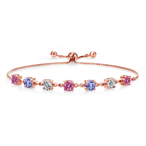 Gem Stone King 18K Rose Gold Plated Silver Lab Grown Diamond Tennis Bracelet for Women Pink Moissanite Tanzanite (2.43 Cttw, Fully Adjustable up to 9 inch)