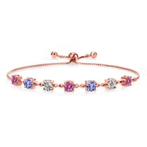 Gem Stone King 18K Rose Gold Plated Silver Lab Grown Diamond Tennis Bracelet for Women Pink Moissanite Tanzanite (2.43 Cttw, Fully Adjustable up to 9 inch)