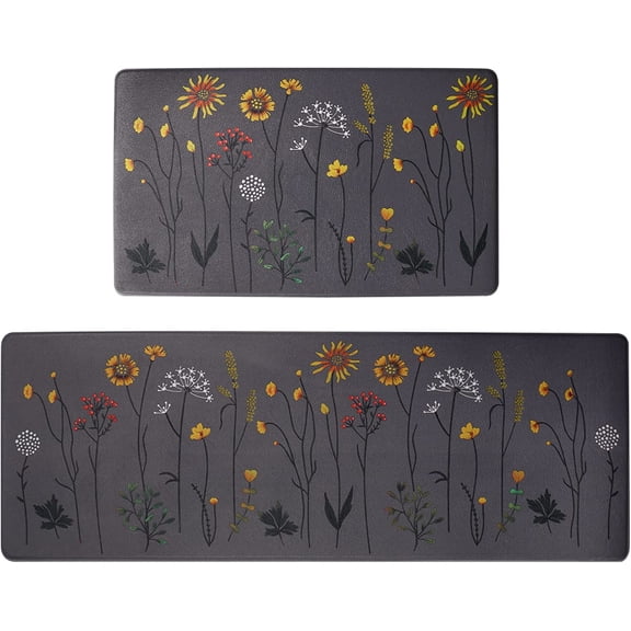 Lushsy Gym Colorful Flowers Kitchen Rug Mats, 17" x 47" & 17" x 29", Non-Slip, Set of 2
