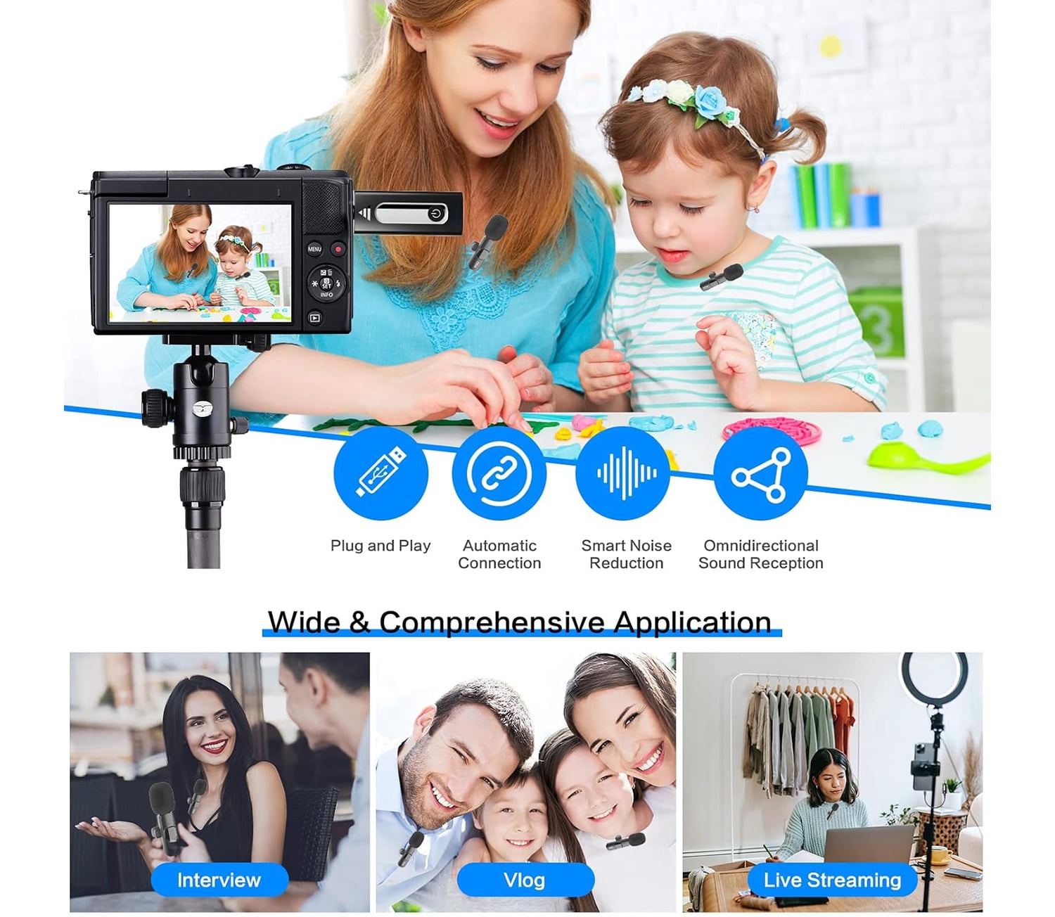 NAVOR Wireless Lavalier Microphone Dual Clip-On for Compatible iPhone Android Camera, Plug & Play Lapel Mic with Noise Reduction, Auto Sync for Interview Vlog Video