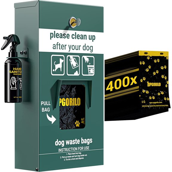 Dog Waste Station Pull Out Bag Dispenser with  Bottle - 400 Header Bags Included - Original Glow in the Dark Dog Poop Station Outdoor, Pet Waste Station with Lock and Rain Guard